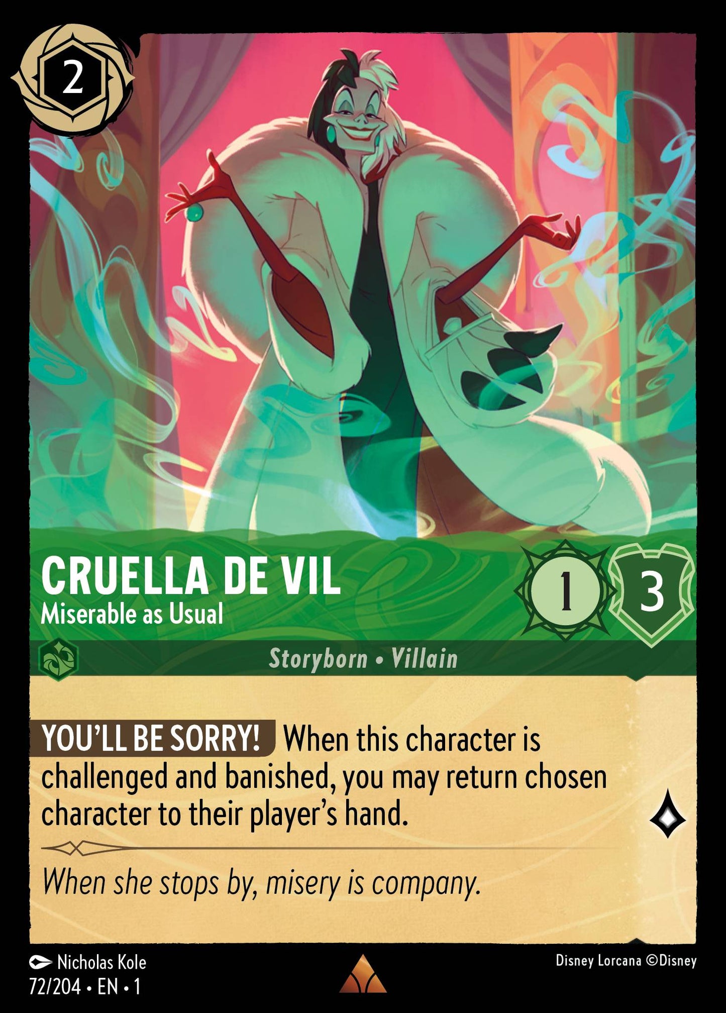 Cruella de Vil - Miserable as Usual - Rare Normal Disney Lorcana card from The First Chapter
