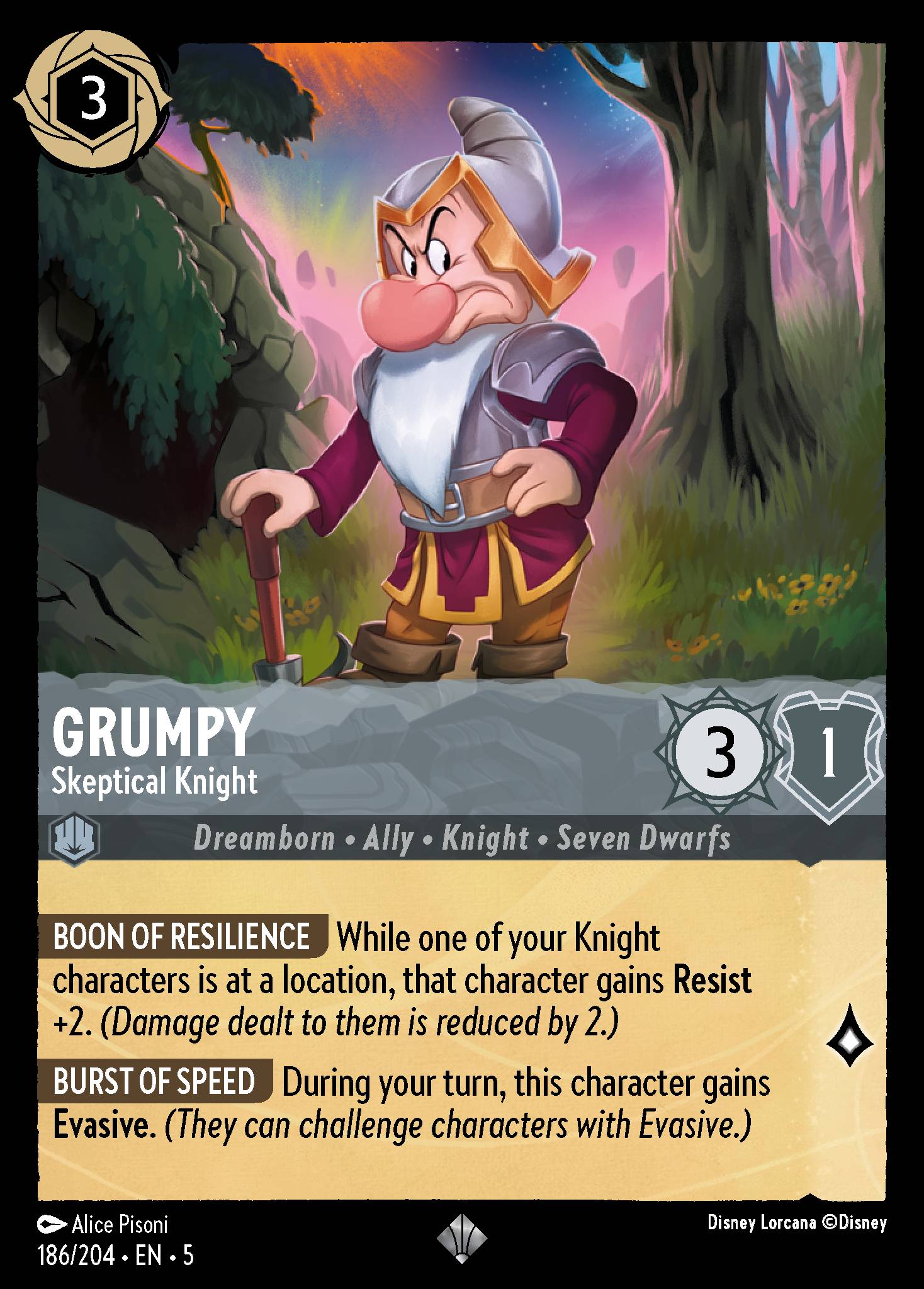 Grumpy - Skeptical Knight - Super Rare Normal Disney Lorcana card from Shimmering Skies