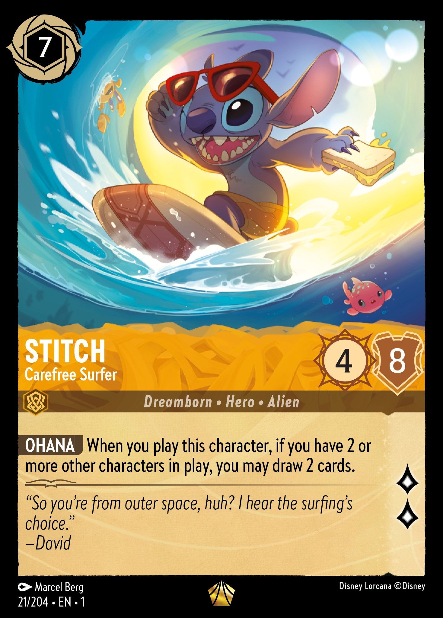 Stitch - Carefree Surfer - Legendary Normal Disney Lorcana card from The First Chapter