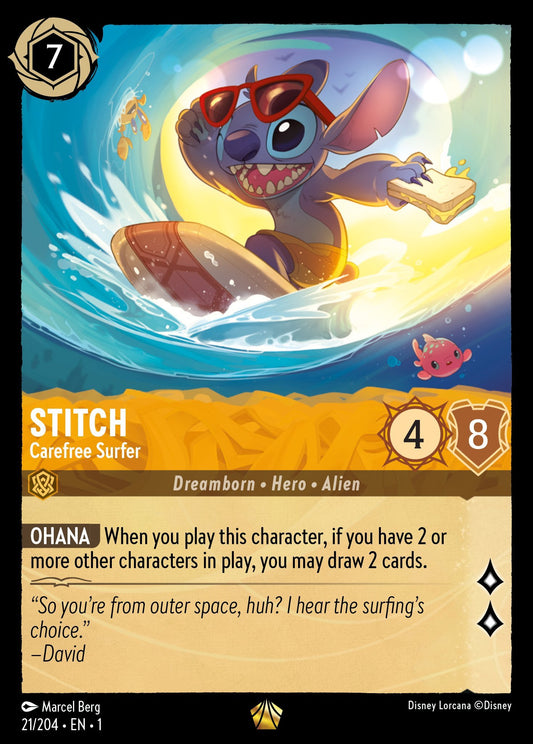 Stitch - Carefree Surfer - Legendary Normal Disney Lorcana card from The First Chapter